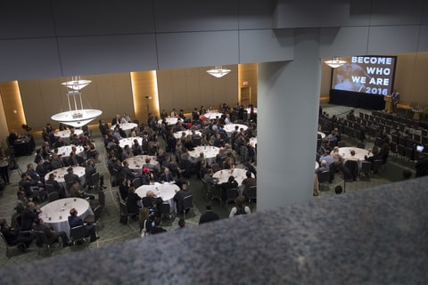 Overview of attendees (some are media) at an Alt Right ( alternative right) conference hosted by the National Policy Institute in Washington, DC on November 18, 2016. The think tank promotes white nationalism and critics accuse them of being racist and anti-semitic. The chairman of the National Policy Institute, Richard Spencer, has been permanently banned from entering the UK, and was deemed a 'national security threat' after his arrest in Hungary in 2014. He was recently banned from Twitter in a prominent purge by the company this week.