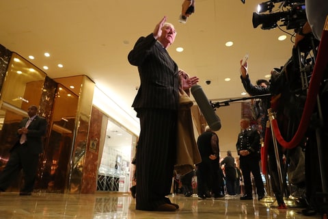 Roger Stone speaks to the media at Trump Tower on December 6, 2016 in New York City. Potential members of President-elect Donald Trump's cabinet have been meeting with him and his transition team over the last few weeks.