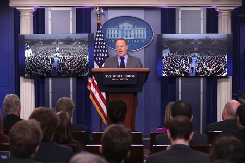 White House Press Secretary Sean Spicer makes a statement to members of the media at the James Brady Press Briefing Room of the White House January 21, 2017 in Washington, DC. This was Spicer's first press conference as Press Secretary where he spoke about the media's reporting on the inauguration's crowd size.