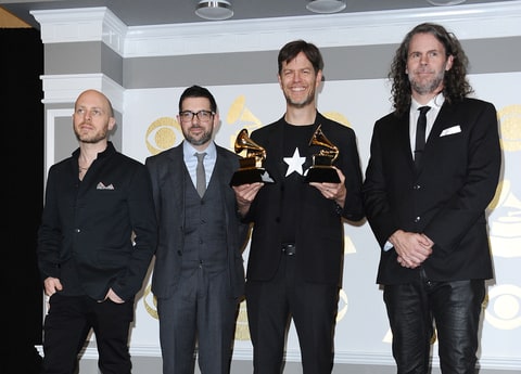 Musicians Jason Lindner, Mark Guiliana, Donny McCaslin, and Tim Lefebvre, co-winners of Best Alternative Music Album for 'Blackstar' pose in the press room at the 59th GRAMMY Awards at Staples Center on February 12, 2017 in Los Angeles, California.