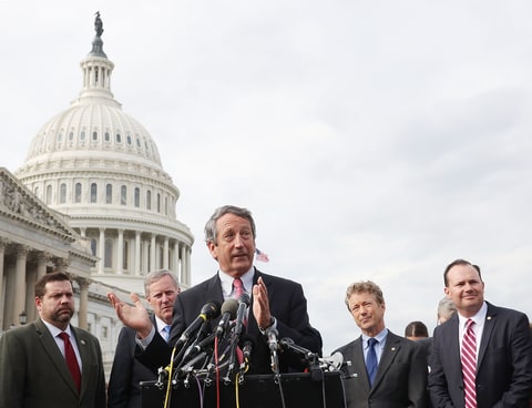 ep. Mark Sanford (R-SC) (C) speaks about Obamacare repeal and replacement while members of the House Freedom Caucus during a news conference on Capitol Hill, on March 7, 2017 in Washington, DC. The House of Representatives is currently working on a replacement for the Affordable Care Act