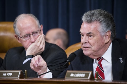 Congressman Peter King questions James Comey (not seen), director of the FBI, and Admiral Mike Rogers (not seen), director of the NSA, during the House Committee on Intelligence hearing on the alleged interference by the Russian government in the U.S. Presidential Elections and possible connections with the Trump campaign or administration in Washington, USA on March 20, 2017.