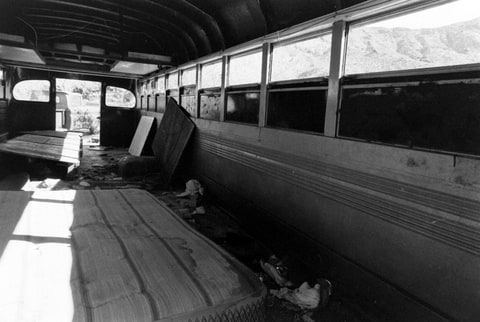 Interior view of the a former school bus, its seats replaced by matresses, on the Barker Ranch property, Death Valley, California, late 1969. In October 1969, Charles Manson and some of his followers were arrested on the property, leading to their eventual conviction on murder and conspiracy charges.