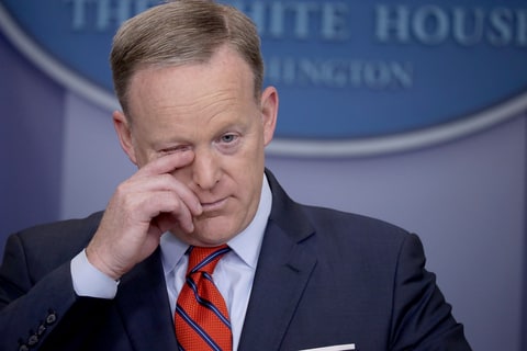 White House Press Secretary Sean Spicer answers reporters' questions during the daily news conference in the Brady Press Briefing Room at the White House April 11, 2017 in Washington, DC. Spicer said that different from Syrian President Bashar Al-Assad, Nazi leader Adolph Hitler did not use chemical weapons, saying, 'I think when you come to sarin gas, he was not using the gas on his own people the same way that Assad is doing.'
