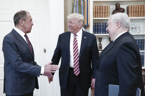Russia's Foreign Minister Sergei Lavrov, US President Donald Trump, and Russia's Ambassador to the United States Sergei Kislyak (L-R) during a meeting in the Oval Office at the White House.
