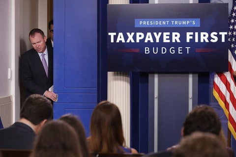 Office of Management and Budget Director Mick Mulvaney arrives for a news conference to discuss the Trump Administration's proposed FY2017 federal budget in the Brady Press Briefing Room at the White House May 23, 2017 in Washington, DC. Calling it a 'New Foundation for American Greatness,' the $4.1 trillion budget for would cut programs for the poor, including health care, food stamps, student loans and disability payments while offering big tax cuts for the wealthy.