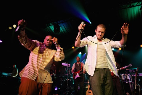 Timbaland (L) and Justin Timberlake perform on stage at the Hammersmith Palais on July 13, 2006 in London, England.