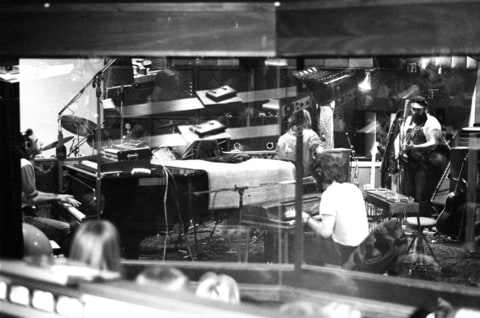 Donald Fagen, Walter Becker, Denny Dias of the rock group 'Steely Dan' record a session with Michael McDonald in the studio in circa 1975.