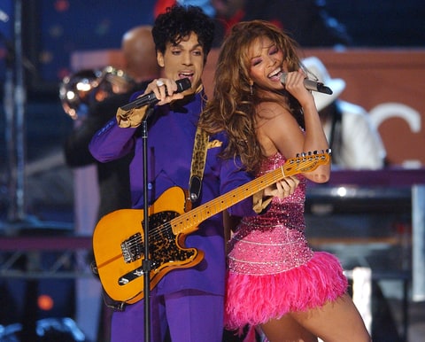 Prince and Beyonce perform a medley of his hits at the Staples Center in Los Angeles, California.