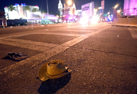 A cowboy hat lays in the street after shots were fired near a country music festival on October 1, 2017 in Las Vegas, Nevada. There are reports of an active shooter around the Mandalay Bay Resort and Casino.