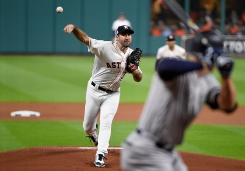 Justin Verlander #35 of the Houston Astros throws a pitch against the New York Yankees during the first inning in Game Six of the American League Championship Series at Minute Maid Park on October 20, 2017 in Houston, Texas.