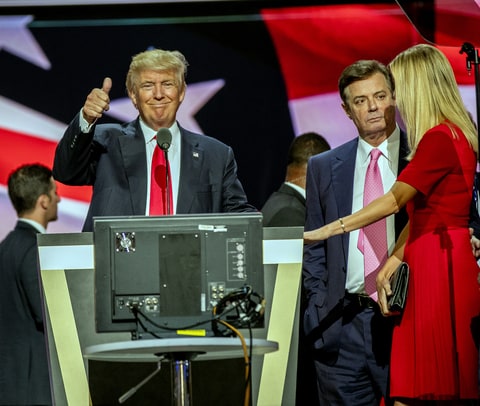 American real estate developer and presidential candidate Donald Trump (center) on stage during the sound check on the final day of the Republican National Convention at Quicken Loans Arena, Cleveland, Ohio, July 21, 2016. Among those visible with him are campaign manager Paul Manafort (second right) and Ivanka Trump.