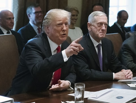 U.S. President Donald Trump, left, speaks while Jim Mattis, U.S. Secretary of Defense, listens during a cabinet meeting at the White House in Washington, D.C., U.S., on Wednesday, Jan. 10, 2018. Trump called for a 'strong look at our country's libel laws' after the publication of a book that depicted him as an inept leader of a dysfunctional White House.