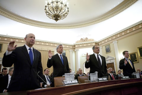 Leaders of four of the biggest U.S. banks including, left to right, Lloyd Blankfein, chairman and and chief executive officer of Goldman Sachs Group Inc., Jamie Dimon, chairman, president, and chief executive officer of JPMorgan Chase & Co., John Mack, chairman of Morgan Stanley, and Brian Moynihan, president and chief executive officer of Bank of America Corp., are sworn in before testifying at a hearing of the Financial Crisis Inquiry Commission (FCIC) in Washington, D.C., U.S., on Wednesday, Jan. 13, 2010.