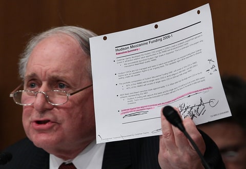 Chairman Carl Levin (D-MI) holds up a paper during a Senate Homeland Security and Governmental Affairs Investigations Subcommittee hearing on Capitol Hill on April 27, 2010 in Washington, DC. The subcommittee is investigating the role of investment banks during the Wall Street financial crisis.