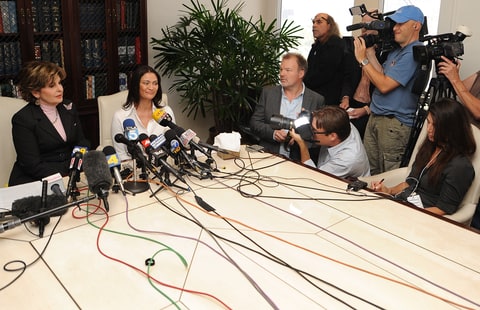 Charlotte Lewis (2ndL), an actress from London and her lawyer Glorida Allred (L) speak at a press conference at Allred's offices in Los Angeles May 14, 2010. Lewis, who appeared in Roman Polanski's film 'Pirates,' alleges that she was sexually victimized by Roman Polanski when she was 16 years old.