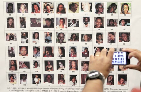 Dec. 16, 2010, file photo, Photographs found in the possession of Lonnie David Franklin Jr. are shown before a news conference in Los Angeles. Relatives of victims will urge a Los Angeles Superior Court judge Friday, Feb. 6, 2015.