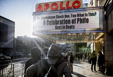 The Apollo Theater's marquee advertises a memorial for Phife Dawg, the late A Tribe Called Quest rapper, in New York, April 5, 2016. A who's who of hip-hop titans from every generation came out to pay tribute to Phife, who many credited as a bridge from the genre's traditions to its future.
