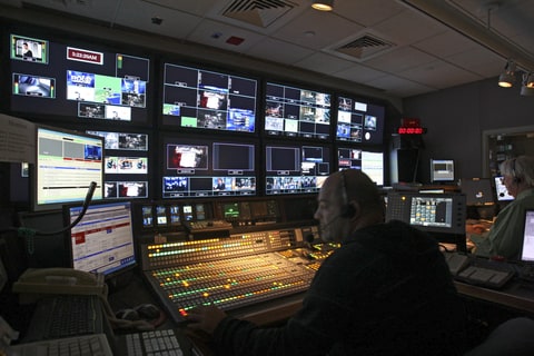 The control booth during a morning news show at TV station WPIX, owned by Tribune Media, in New York, Aug. 27, 2010. Federal Communications Commission Chairman Ajit Pai's easing of a cap on how many stations a broadcaster can own has have opened up lucrative opportunities for Sinclair Broadcast Group, the nation's largest owner of TV stations, which has bid $3.9 billion to buy Tribune Media.