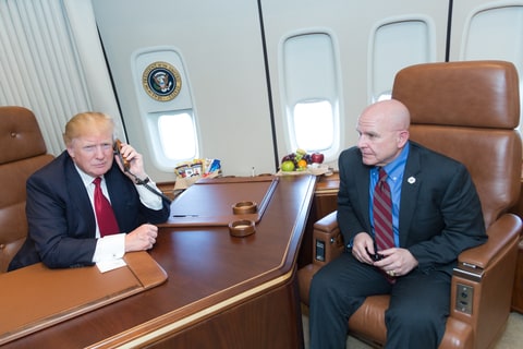 President Donald J. Trump speaks with the commanding officers of the guided-missile destroyers USS Porter (DDG 78) and USS Ross (DDG 71) from aboard Air Force One. With President Trump is National Security Advisor H.R. McMaster.