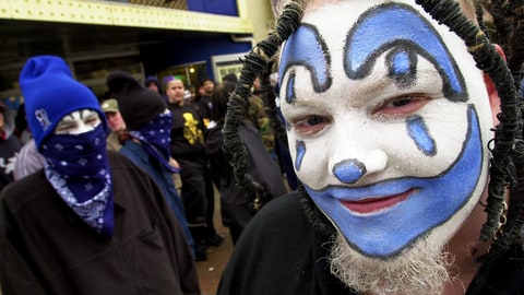 Hours before the doors open Brian Calvert, 19, right, of St. Joseph, Mo., waits to enter the Insane Clown Posse concert at the Granada night club in downtown Lawrence, Kan., on Saturday, March 8, 2003. Followers of the musical group call themselves ''Juggalos.'' (AP Photo/Lawrence Journal-World, Aaron Lindberg)