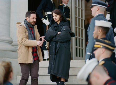 Director Pablo Larrain and Natalie Portman on the set of JACKIE.