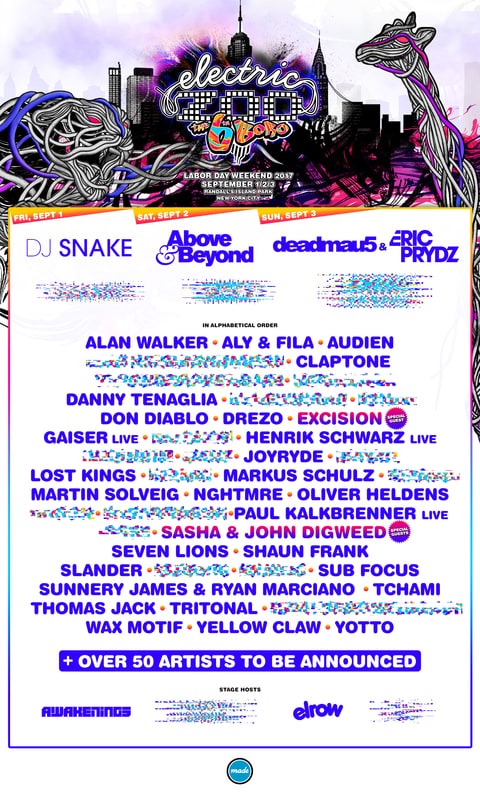 deadmau5, dj snake, electric zoo, electric zoo festival 2017, electric zoo line-up, electric zoo 2017 line-up, deadmau5 electric zoo, electric zoo new york city, above & beyond, eric prydz