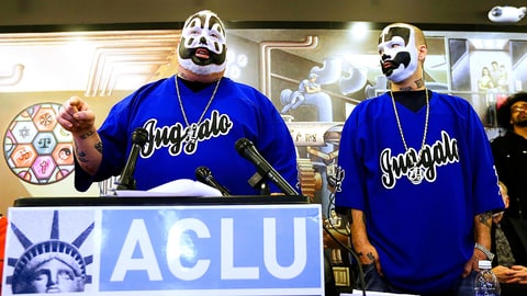 Joseph Bruce aka Violent J, left, and Joseph Utsler aka Shaggy 2 Dope, member of the Insane Clown Posse address the media in Detroit, Wednesday, Jan. 8, 2014. The rap metal group sued the U.S. Justice Department on Wednesday over a 2011 FBI report that describes the duo's devoted fans, the Juggalos, as a dangerous gang, saying the designation has tarnished their fans' reputations and hurt business. The American Civil Liberties Union filed the lawsuit in Detroit federal court on behalf of the group's two members. (AP Photo/Carlos Osorio)