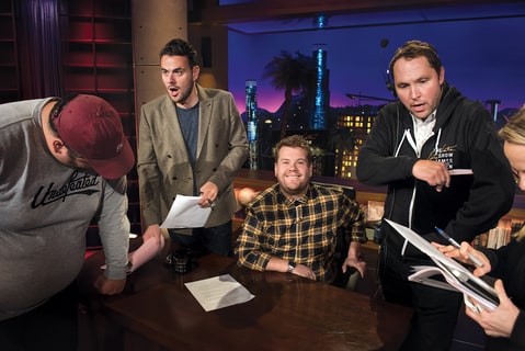 Corden on set with producers of Late Night Show