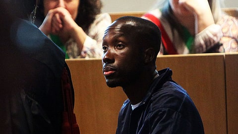 PERUGIA, ITALY - JUNE 27: Rudy Guede testifies during the appeal hearing of Amanda Knox over the guilty verdict in the murder of Meredith Kercher in Perugia's court of Appeal on June 27, 2011 in Perugia, Italy. American Amanda Knox and her Italian ex-boyfriend Raffaele Sollecito were convicted of the murder of Ms Knox's former British flatmate Meredith Kercher in 2007. Their trial took place in December 2009 with Knox and Sollecito receiving sentences of 26 and 25 years respectively. Rudy Guede, an unemployed man from Ivory Coast, was also convicted of the Meredith Kercher's murder. (Photo by Franco Origlia/Getty Images)