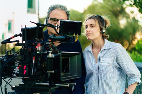 Sam Levy and Greta Gerwig on the set of LADY BIRD