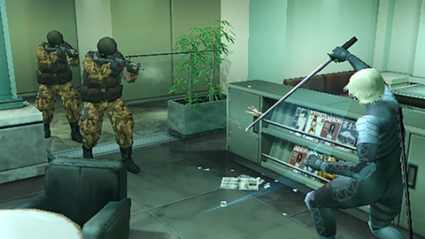 Metal Gear Solid 2's Raiden in action.