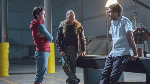 (l to r) Tom Holland, Michael Keaton, and director Jon Watt