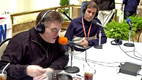 UNITED STATES - JANUARY 26: Sports radio hosts Mike Francesa (left) and Chris (Mad Dog) Russo broadcast their show from the Hyatt Hotel in Tampa.The New York Giants and Baltimore Ravens will face off in Super Bowl XXXV on Sunday.,
