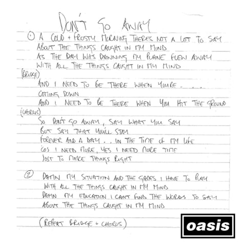 Don't Go Away Hand Written Lyrics