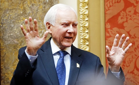 Sen. Orrin Hatch, R-Utah, gestures to the Utah House during a visit, at the Utah State Capitol, in Salt Lake City.
