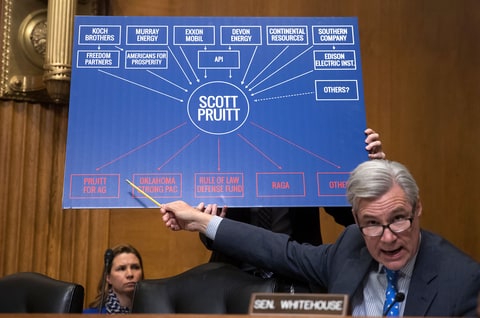Senate Environment and Public Works Committee member Sen. Sheldon Whitehouse, D-R.I., points to a chart as he questions Environmental Protection Agency Administrator-designate, Oklahoma Attorney General Scott Pruitt, on Capitol Hill in Washington, Wednesday, Jan. 18, 2017, during Pruitt's confirmation hearing before the committee