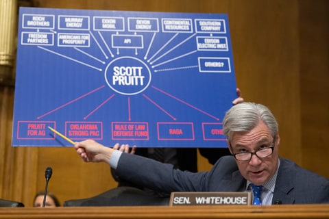 emocratic Senator from Rhode Island Sheldon Whitehouse directs questions toward Scott Pruitt (not pictured), US President-elect Donald Trump's nominee to be Administrator of the Environmental Protection Agency (EPA), during the Senate Environment and Public Works Committee confirmation hearing on his nomination, on Capitol Hill in Washington, DC, USA, 18 January 2017. Oklahoma Attorney General Scott Pruitt has faced criticism from receiving contributions from the fossil fuel industry and questioning climate change science, according to reports.