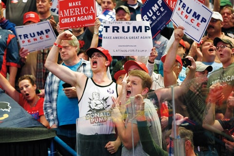 Supporters cheer for Republican presidential candidate Donald Trump cheer during a rally, Monday, Oct. 10, 2016, in Wilkes-Barre, Pa. (AP Photo/ Evan Vucci)