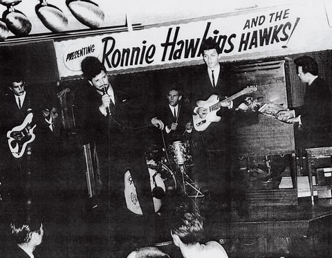Robertson (second from right) with Helm (center) and Hawkins (front) in London, Ontario, 1963.