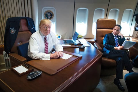 Trump on Air Force One with Chief of Sta Reince Priebus on January 26th. The next day, the president announced the travel ban