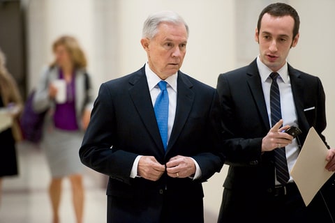 Senate Budget ranking member Jeff Sessions, R-Ala., arrives with his aide Stephen Miller for a news conference April 5, 2011, with House Budget Chairman Paul D. Ryan, R-Wis., and other House Republicans unveiling an ambitious fiscal 2012 budget resolution. Stephen Miller in now senior policy adviser to Donald Trump