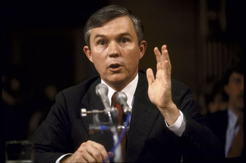 View of United States Attorney Jeff Sessions as he is questioned at a Senate Judiciary Committee meeting as part of a nomination hearing for a judgeship in the US District Court for the Southern District of Alabama, March 13, 1986. Sessions' nomination (put forth by then President Reagan) was rejected and eventually withdrawn in July of that year.