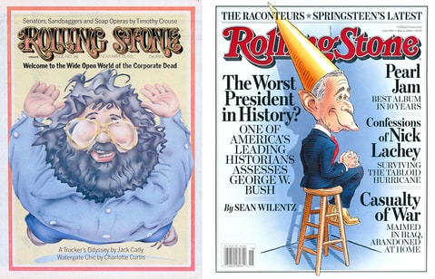 Jerry Garcia on the cover in 1973. George W. Bush in a dunce cap on the cover of Rolling Stone in 2006.