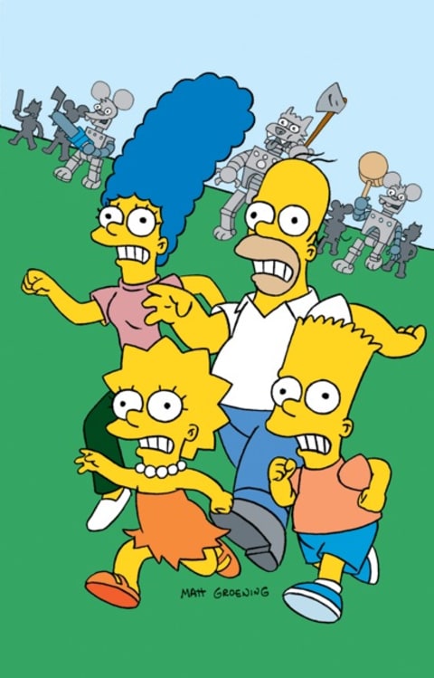 The Simpsons family running away.