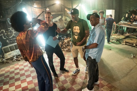 Actor Justice Smith, composer Elliott Wheeler, producer Nelson George and Kurtis Blow, on the set of 'The Get Down.'