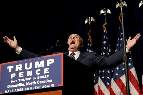 Former New York City Mayor Rudolf Giuliani introduces Republican presidential nominee Donald Trump at a campaign rally in Greenville, North Carolina, U.S., September 6, 2016.