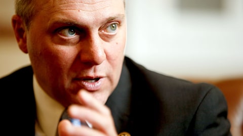 House Majority Whip Steve Scalise, R-La. speaks during an interview in his offices at the U.S. Capitol Building, on Tuesday, March 24, 2015 in Washington. (AP Photo/Andrew Harnik)