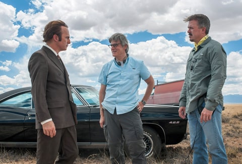 Bob Odenkirk, series creator Peter Gould, series creator Vince Gillian on-set
