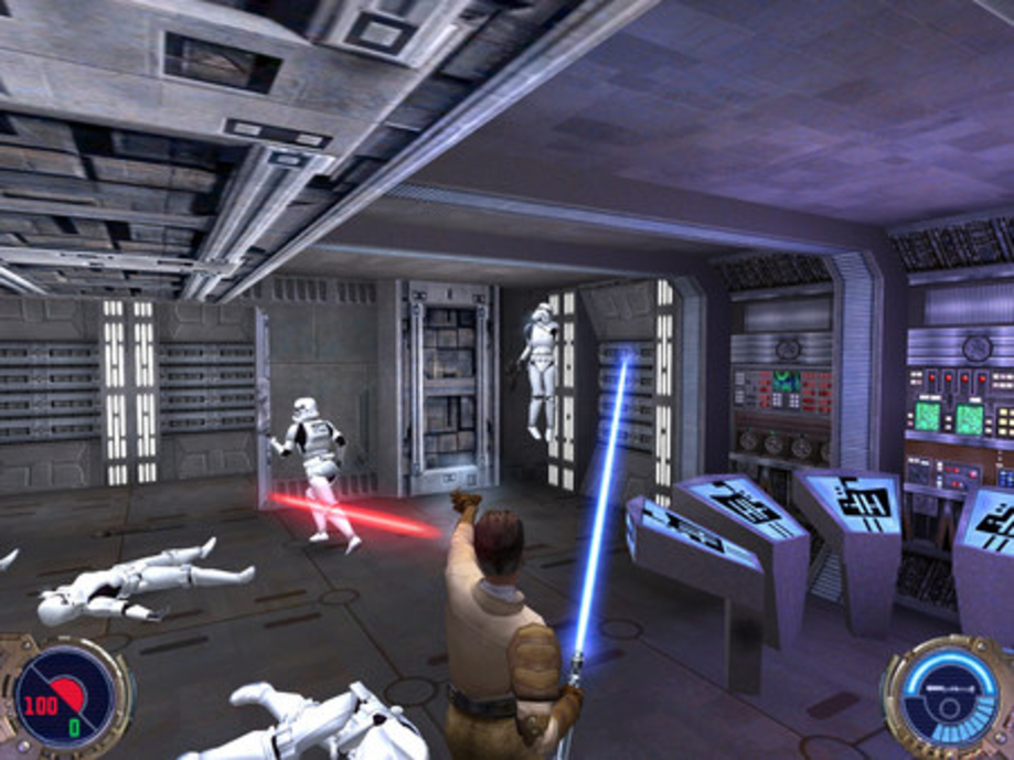 Kyle Katarn's lightsaber leaves a trail in the wall. We geek out